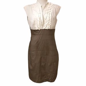 Max and Cleo Sheath Dress Taupe and White Ruffled Top 12